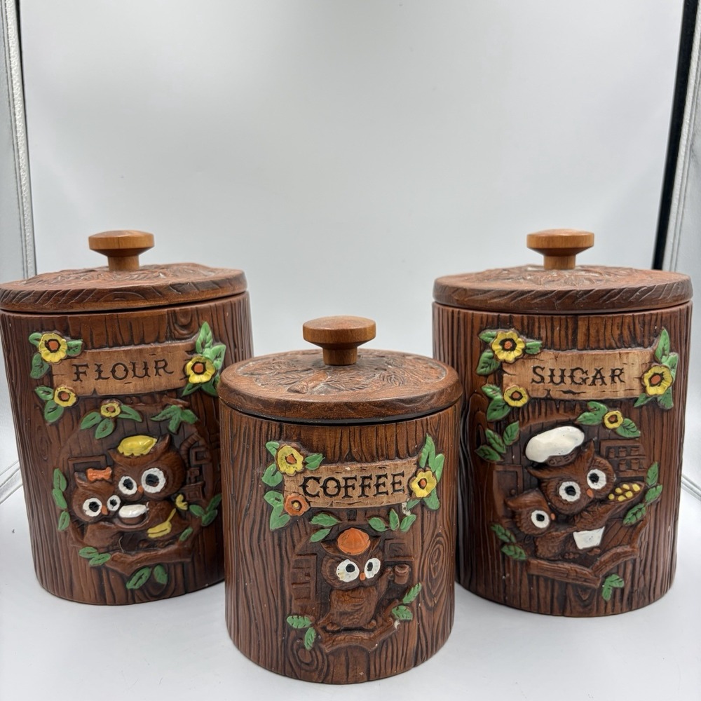 Vtg 1970's Woodsy Owl  Stump Canisters Treasure Craft USA Set of 3‎ MCM Rare HTF